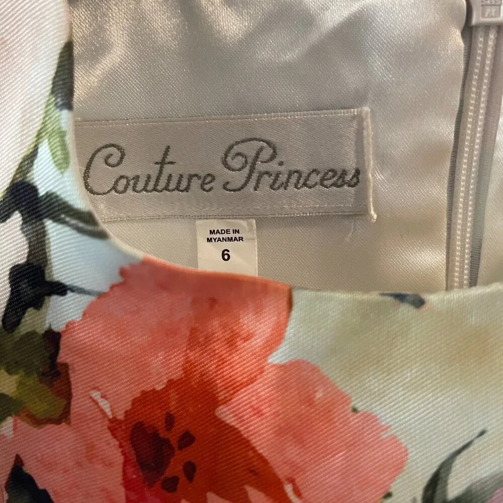 COUTURE PRINCESS. SIZE 6 IN LONG PRINCESS-CUT FLOWERED POLYESTER.